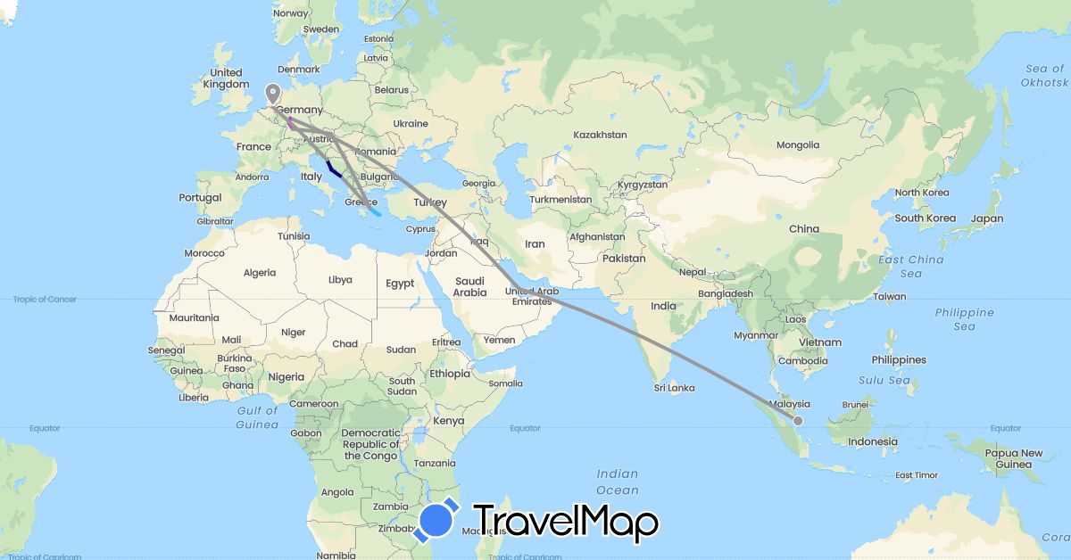 TravelMap itinerary: driving, plane, train, boat in Austria, Germany, Greece, Croatia, Netherlands, Qatar, Singapore (Asia, Europe)