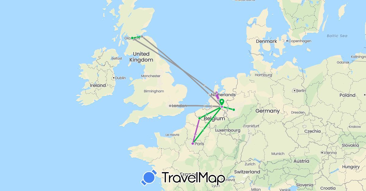 TravelMap itinerary: driving, bus, plane, train in Germany, France, United Kingdom, Netherlands (Europe)