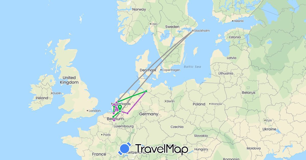 TravelMap itinerary: bus, plane, train in Belgium, Germany, Netherlands, Sweden (Europe)