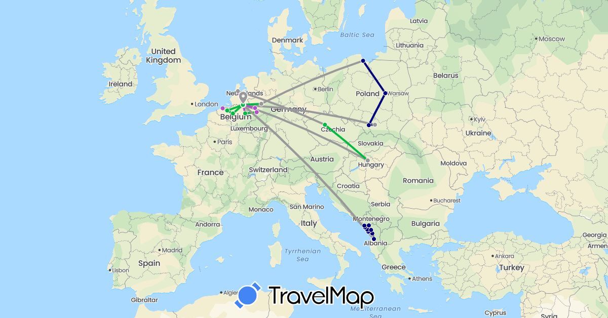 TravelMap itinerary: driving, bus, plane, train in Albania, Belgium, Czech Republic, Germany, Hungary, Montenegro, Netherlands, Poland (Europe)