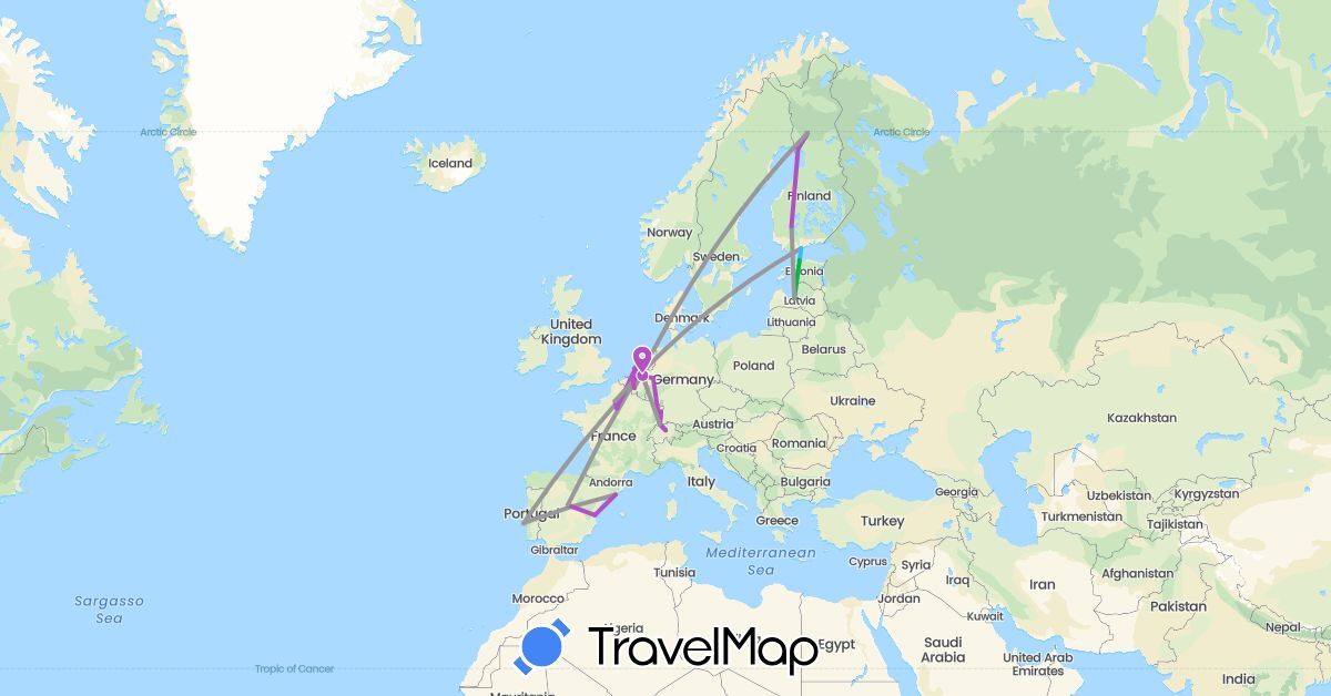 TravelMap itinerary: driving, bus, plane, train, boat in Belgium, Switzerland, Germany, Estonia, Spain, Finland, France, Latvia, Netherlands, Portugal (Europe)